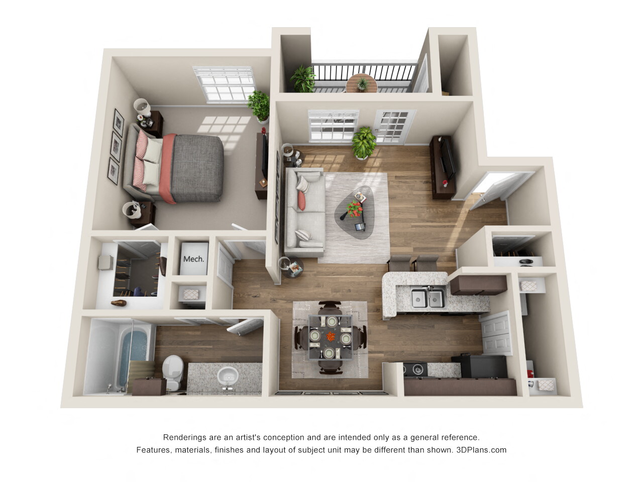 Floor plan for 1 bed, 1 bath, 732 sqft